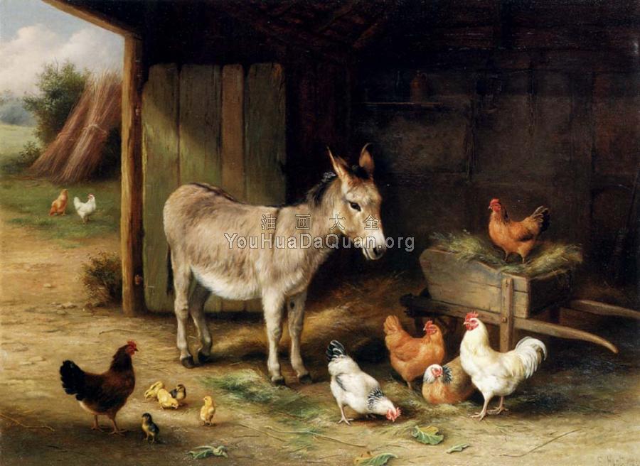 Donkey Hens And Chickens In A Barn - 埃德加·亨特
